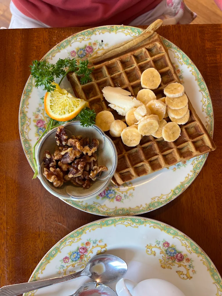Sourdough waffle with bananas and candied walnuts