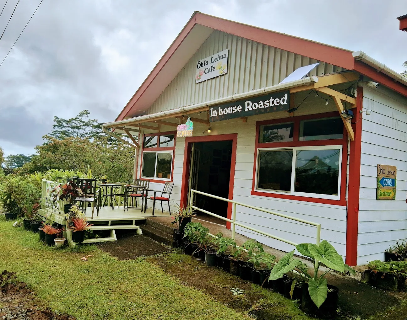 Ōhi'a Lehua Café front porch with in-house roasted coffee sign